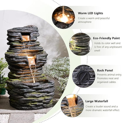 28.8” Tall Rock Water Fountain Outdoor Garden, 3-Tiers Cascading Rock Natural Waterfall Fountains with LED Lights, Indoor Resin Water Feature Fountain for Patio, Backyard, Deck, Porch