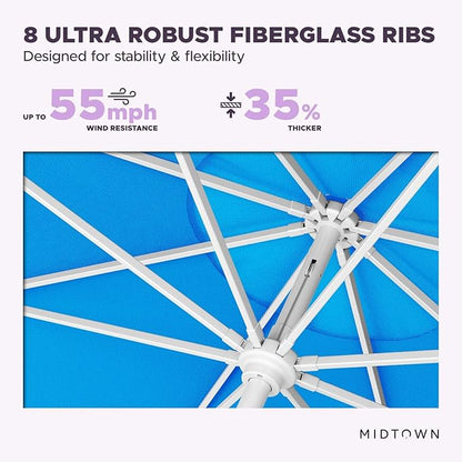 Midtown Umbrellas The Swilt 8 Feet Patio Umbrella in Terylast Cobalt (Blue) Polyester Fabric - Fiberglass Ribs, Auto-Tilt Aluminum Frame For Backyard, Deck, Garden, Pool - White Pole