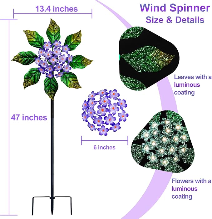 Glow-in-Dark Metal Wind Spinner for Yard and Garden, Outdoor Luminous Wind Spinners Yard Art Garden Decor (13.4" W x 47" H) Purple
