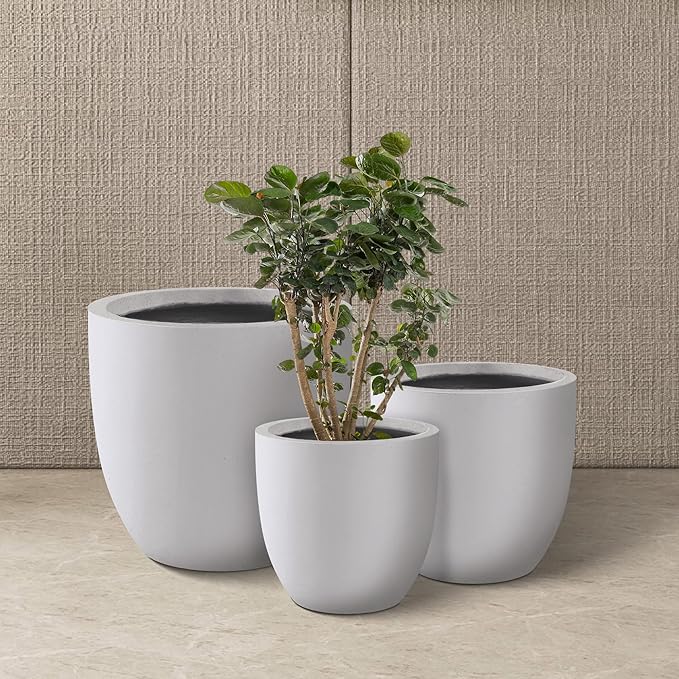 Kante 20",16.5",13.4" Dia Round Concrete Planters (Set of 3), Outdoor Indoor Modern Decorative Plant Pots with Drainage Hole & Rubber Plug for Home & Garden, Pure White