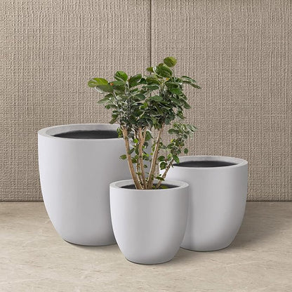 Kante 20",16.5",13.4" Dia Round Concrete Planters (Set of 3), Outdoor Indoor Modern Decorative Plant Pots with Drainage Hole & Rubber Plug for Home & Garden, Pure White
