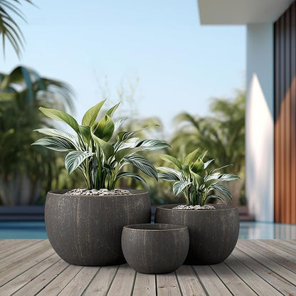 Kante 19.9",15.7",11.8" Dia Round Concrete Planter Set of 3, Outdoor/Indoor Large Bowl Plant Pots with Drainage Hole and Rubber Plug for Garden Patio Balcony Home, Oil Rubbed Bronze