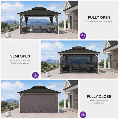 PURPLE LEAF 12' X 14' Outdoor Gazebo Hardtop, Metal Roof White Aluminum Frame Gazebo with Curtain and Netting for Patio, Garden and Backyard