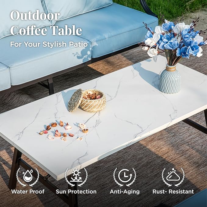 Patio Furniture Set 4 pcs, Metal Outdoor Patio Furniture, 3-Seat Sofa, 2 Single Chairs, Metal Coffee Table and 5.75" Extra Thick Cushion, Patio Conversation Set for Garden Backyard Deck,Blue
