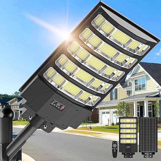 10000W Solar Street Light - 8000K Solar Lights Outdoor IP66 Waterproof,350° Wide Angle Dusk to Dawn,Commercial Solar Parking Lot Lights with Motion Sensor & Remote,LED Flood Light for Yard,Pathway