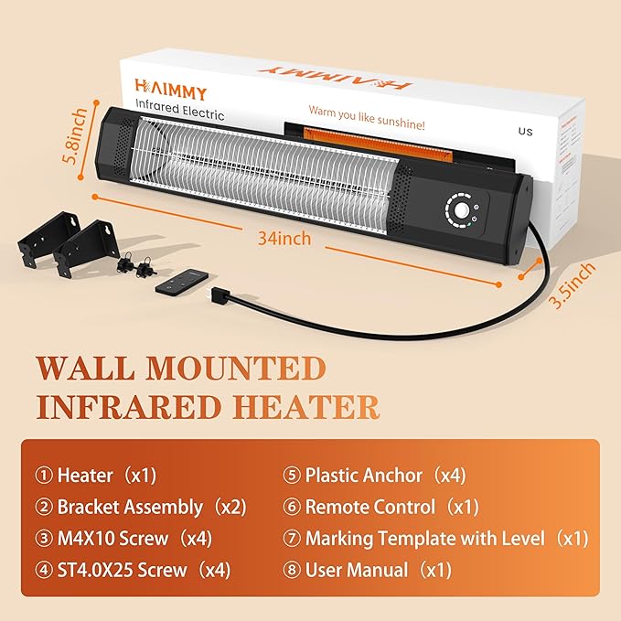 2S Fast Heating Infrared Outdoor Heater, 9 Heating Levels Electric Patio Heater with Motion Sensor, 34 In 9H Timer Remote Control Wall Mounted Garage Heaters, for Porch, Gazebo, Workshop and Indoor