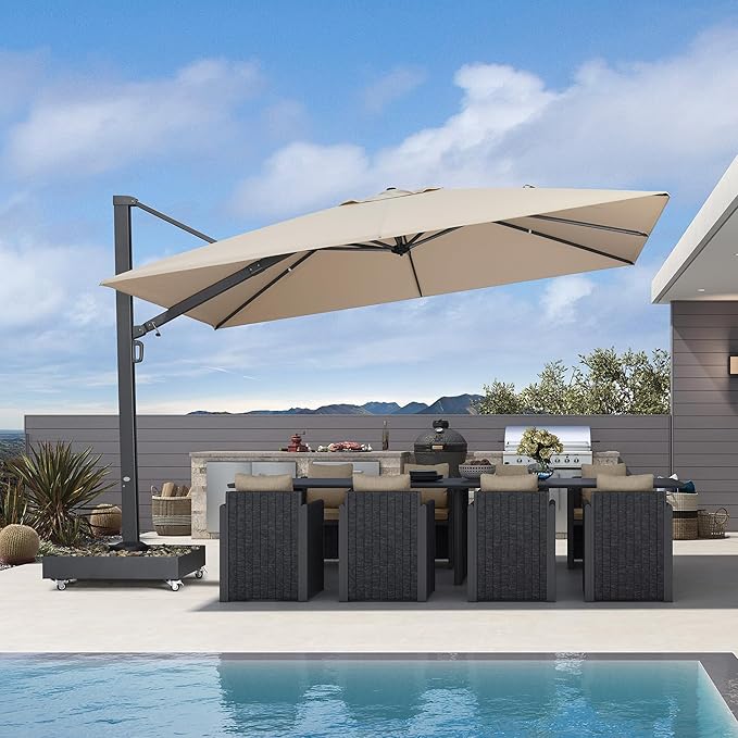 PURPLE LEAF 12' X 9' Rectangle Patio Umbrella Large Outdoor Aluminum Offset Umbrella with 360-degree Rotation Cantilever Umbrella for Garden Deck Backyard Pool Beige