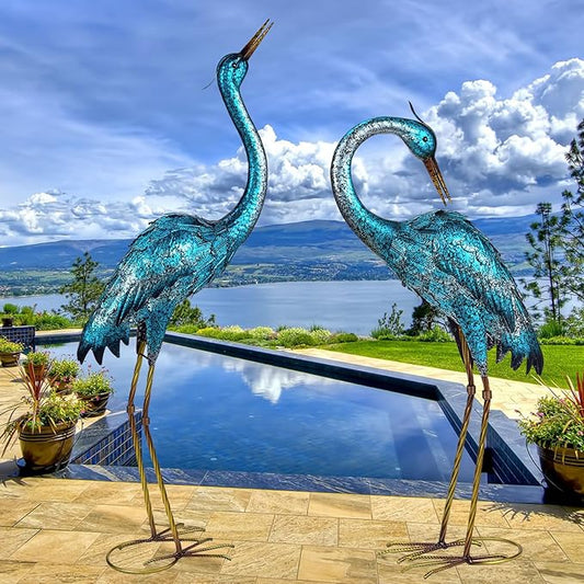 Kircust Garden Sculpture & Statues, Blue Heron Lawn Ornaments Standing Metal Crane Yard Art Large Size Bird Decoy for Outdoor Lawn Backyard Porch Patio Decoration, Set of 2