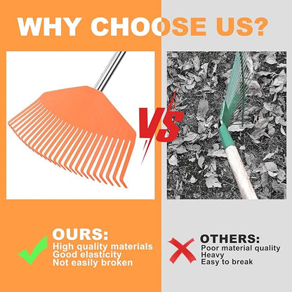 Leaf Rake16.5 Wide Adjustable Handle Leaf Rake - Plastic Head, Lightweight, Soft & Lawn-Friendly - Ideal for Women & Kids - Orange