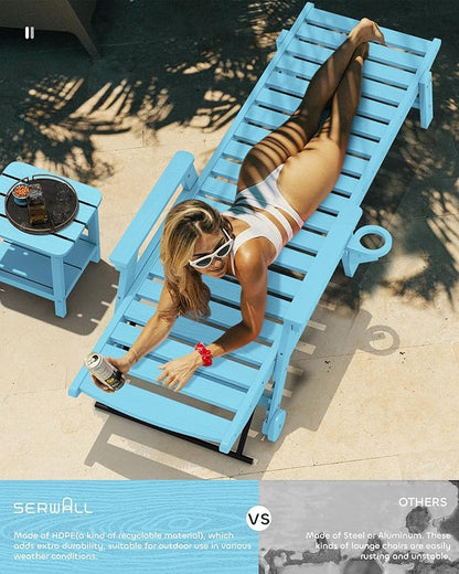 SERWALL Patio Chaise Lounge Chair Set of 2, 78'' Long 5-Positions Adjustable HDPE Outdoor Lounge Chair for Pool, Poly Lounge Chair with Rolling Wheels & Cup Holder for Poolside, Deck, Light Blue