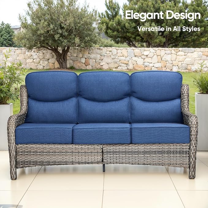 Swivel Patio Chairs sofa Set of 5 with 6" Thick Cushion - Wicker Outdoor Swivel Rocker Patio Chair ,Sofa/Glass coffee table, High Back Comfortable Outdoor Glider Chairs - Grey Wicker | Blue Cushions
