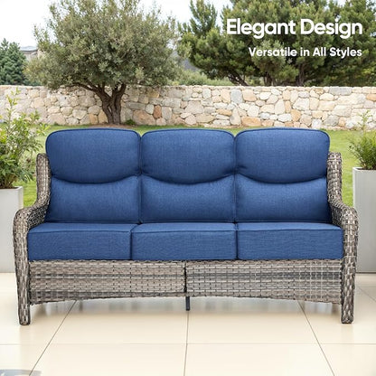 Swivel Patio Chairs sofa Set of 5 with 6" Thick Cushion - Wicker Outdoor Swivel Rocker Patio Chair ,Sofa/Glass coffee table, High Back Comfortable Outdoor Glider Chairs - Grey Wicker | Blue Cushions