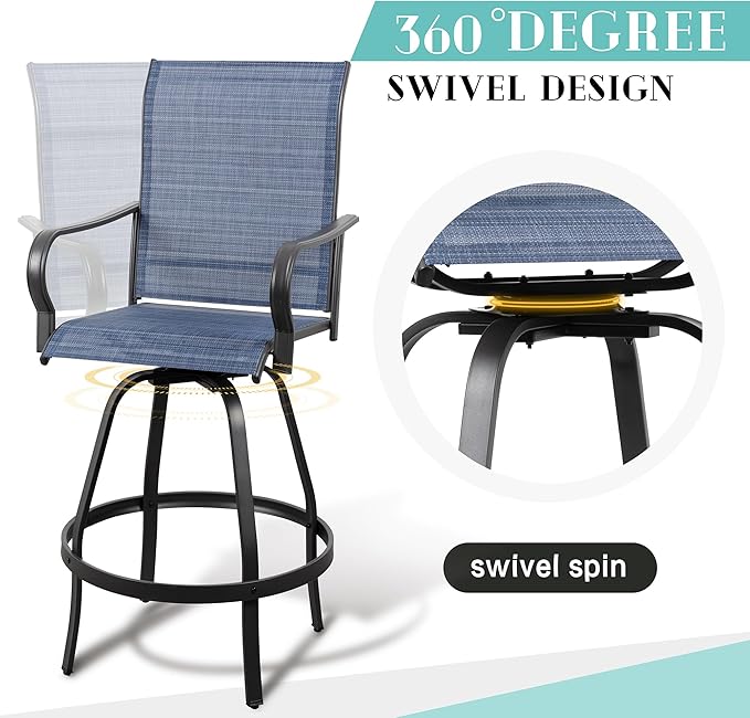 Vongrasig 6 Piece Patio Swivel Bar Chairs, All Weather Metal Textile High Swivel Bar Stools Chairs, Outdoor High Top Bistro Set for Backyard, Lawn Garden, Balcony, Denim Blue