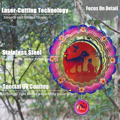 Cat Dog Friend Wind Spinners for Yard and Garden,12 Inch 3D Stainless Steel Hanging Kinetic Yard Art Wind Sculpture, Kinetic Art Garden Decor for Christmas Outdoor & Indoor