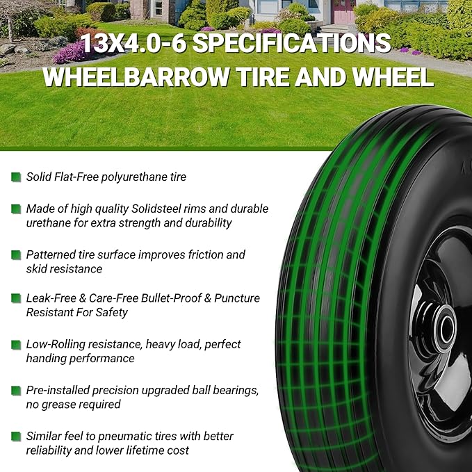 Upgrade 13Inch Wheelbarrow Tires 4.00-6 Flat Free Tire And Wheel with 5/8" & 3/4" Bearings, 1.77"-5.75" Center Hub for Wheelbarrows Garden Wagon Cart Wheel Replacement by NISHCON, 1Pack