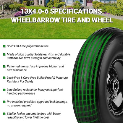 Upgrade 13Inch Wheelbarrow Tires 4.00-6 Flat Free Tire And Wheel with 5/8" & 3/4" Bearings, 1.77"-5.75" Center Hub for Wheelbarrows Garden Wagon Cart Wheel Replacement by NISHCON, 2Pack