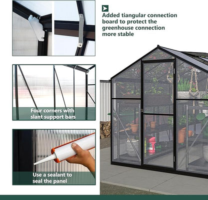 KEIKI 6 x 10 FT Greenhouse for Outdoors, Heavy Duty Polycarbonate Large Walk-in Greenhouse with Double Doors and Two Ventilation Windows for Outside Green House Garden Backyard