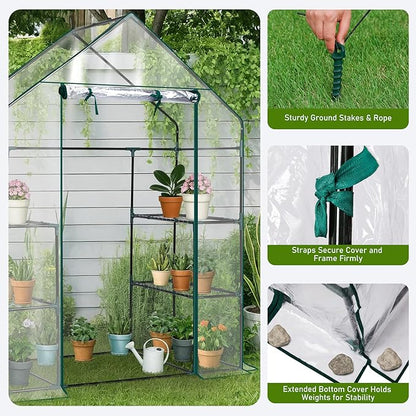 Outvita Walk-in Greenhouse, Outdoor Durable PVC Plant Green House for Frost Protection with 3 Tiers 4 Shelves, Shelf Clips, Roll-up Zipper Door, 56"x29"x77" Transparent