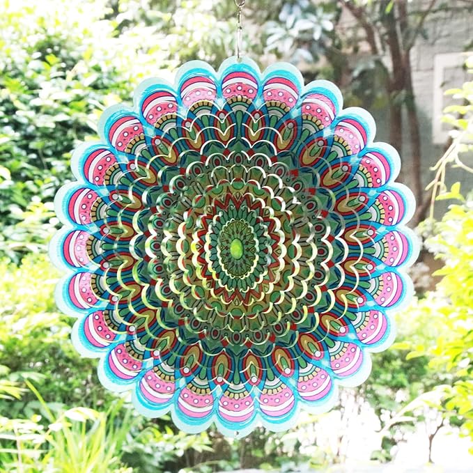 SPRING SONG Colorful Mandala Kinetic Wind Spinner for Yard and Garden Stainless Steel Spinner Indoor and Outdoor Hanging Decor Crafts Ornaments Kinetic Art Spinner Hanging Wind Spinners Decor Gifts