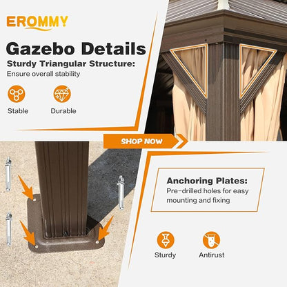 EROMMY 12' x 12' Gazebo Hardtop Double Roof Galvanized Steel Gazebos with Netting and Curtains Outdoor Aluminum Frame Permanent Metal Pavilion for Patio Backyard Deck and Lawns