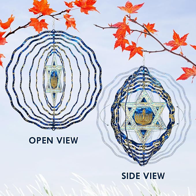 FLAGWIX Christmas Hanukkah Gifts for Women Men - Star of David 3D Stainless Steel Wind Spinners Outdoor 12in- Christmas Hanukkah Decorations, Hanging Wind Spinners Garden Decor, Religious Jewish Gifts