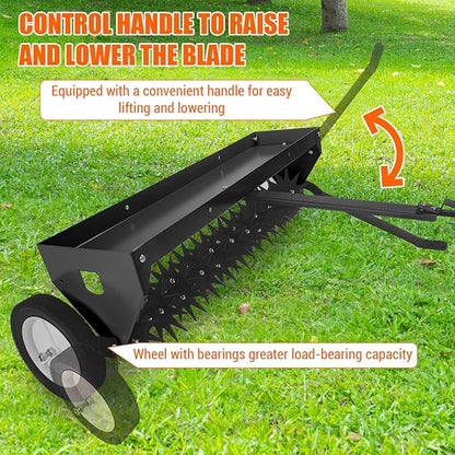 Tow Behind Aerator 40 Inch with Steel Teeth and Transport Wheels, Adjustable Handle Pull Behind Plug Aerator with Tray for Farm Lawn Garden, Durable Lawn Aeration Tool