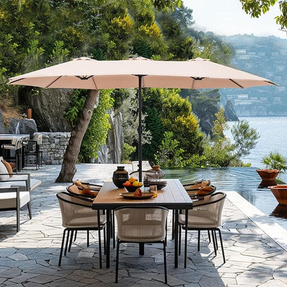 GREEN PARTY 15 ft Rectangle Patio Umbrella with Base Included, Double-Sided Table Umbrella with Crank, Large Outdoor Umbrellas for Patio Poolside Garden Backyard, Beige