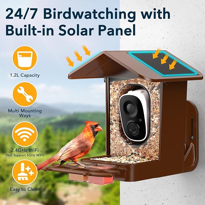 PeckCam® Bird Feeder with Camera Solar Powered, AI Identify & Auto Capture, 2K HD Live Video Smart Bird Feeder Camera Instant Notifications in Backyard, Gift for Bird Lovers