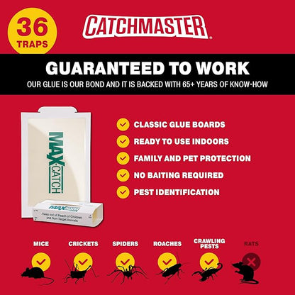 Catchmaster Max-Catch Mouse & Insect Glue Trap 36pk, Mouse Traps Indoor for Home, Sticky Pest Control Adhesive Tray for Catching Bugs, Rats & Rodents, Bulk Classic Glue Boards