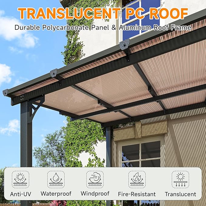 10x12FT Lean to Gazebo, Hardtop Metal Pergola with Polycarbonate Roof, Large Wall Mounted Heavy Duty Awnings, Patio Canopy for Backyard, Deck, Porch