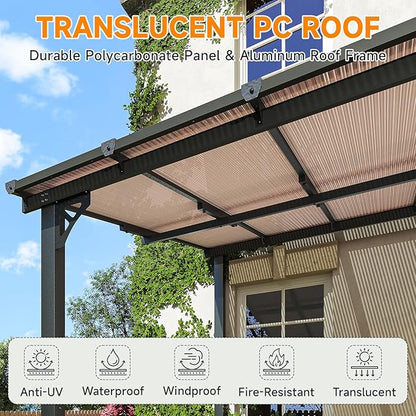 10x12FT Lean to Gazebo, Hardtop Metal Pergola with Polycarbonate Roof, Large Wall Mounted Heavy Duty Awnings, Patio Canopy for Backyard, Deck, Porch