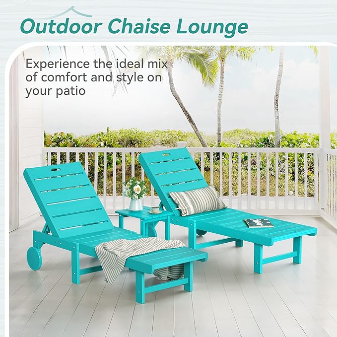 Outdoor Chaise Lounge Chairs, 26.8” Super Wide Lounge Chair Outdoor, HDPS Pool Chairs with 5 Positions, Patio Lounge Chair with Wheels for Pool,Lawn,Backyard, Aruba Blue