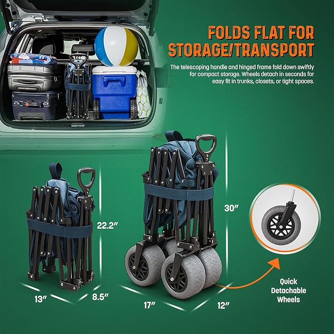 Folding Beach Wagon with Big All-Terrain Wheels for Off-Road Use (Sand/Gravel/Camping Trails) Extra Large Utility Cart with 9" Heavy-Duty Rubber Tires [Outland-XL by Stratton Forge] Blue