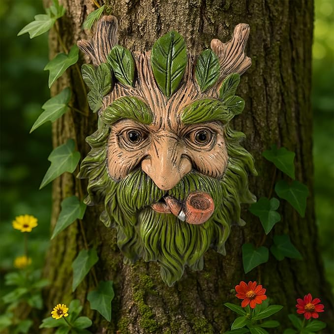 Abia Jaeia Pipe Tree Face Sculpture, Funny Pipe Old Man Tree Hugger Statue, Indoor & Outdoor Creative Props for Garden and Home,9" x 7" x 2.4"