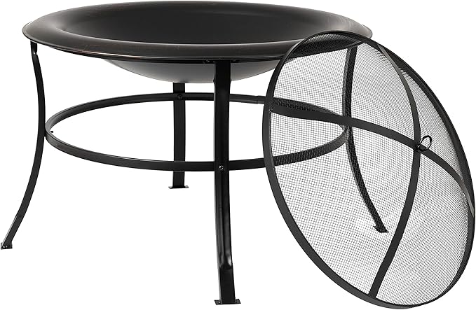 Fire Sense 62237 Fire Pit Tokia Steel Wood Burning Lightweight Portable Outdoor Firepit Rounded Lip & Curved Legs Included Wood Grate & Screen Lift Tool - 30" Round - Black