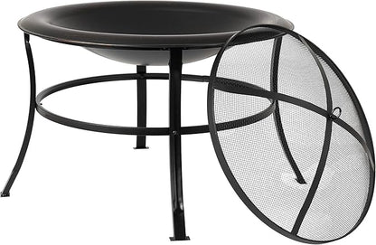 Fire Sense 62237 Fire Pit Tokia Steel Wood Burning Lightweight Portable Outdoor Firepit Rounded Lip & Curved Legs Included Wood Grate & Screen Lift Tool - 30" Round - Black