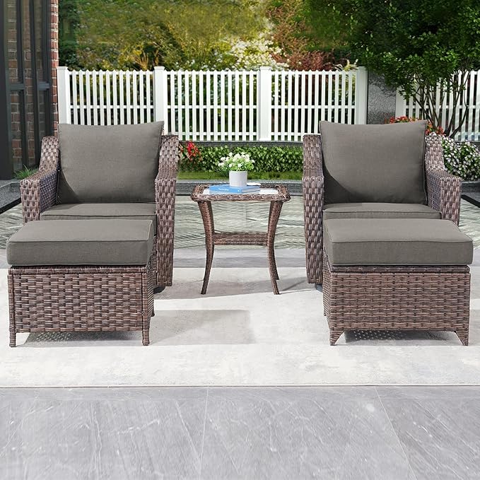 Outdoor Wicker Patio Furniture Set - 5 Piece Outside Rattan Conversation Bistro Dining Chair Sets with Rocking Swivel Chairs, Ottomans and Side Table for Porch Yard Balcony – Brown/Grey