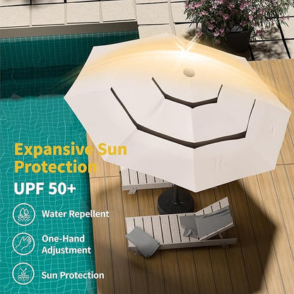 Kingdura 10ft 3-Tier Patio Umbrella with Solar Lights, Table Umbrella Outdoor Patio with Easy Crank & Tilt, 8 Sturdy Ribs, UV Protection, 32 LED Lights for Deck, Poolside, Market (Beige)