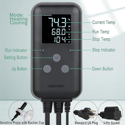 DIGITEN Waterproof Temperature Controller DTC310 Digital Temperature Controller Aquarium Temperature Controller Greenhouse Thermostat for Heater 10A Outdoor Heat Mat Thermostat Controller for Seedling