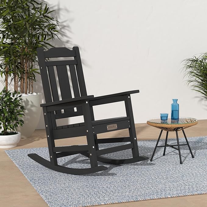 SERWALL Outdoor Rocking Chair Black Set of 8, All Weather Patio Rocking Chair, HDPE Poly Rocking Chair for Adults, Heavy Duty Front Porch Rocker