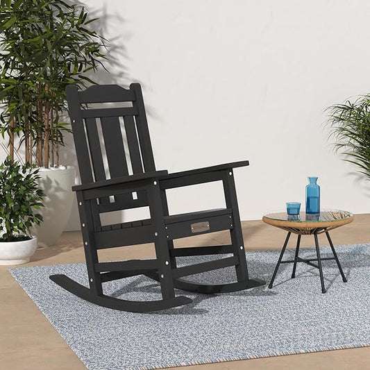 SERWALL Outdoor Rocking Chair Black Set of 8, All Weather Patio Rocking Chair, HDPE Poly Rocking Chair for Adults, Heavy Duty Front Porch Rocker