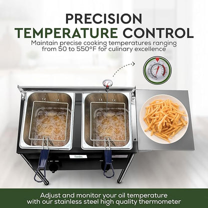 HOMIRA Iron Two-Tank Propane Deep Fryer with Thermometer, 2 Stainless Steel Baskets and Lids Fish Fryer with Adjustable Temperature Regulator, Outdoor Dual Fryer for Frying