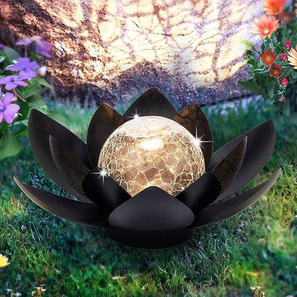Huaxu Solar Lights Outdoor Garden Decor Metal Black Lotus Decoration, Crackle Globe Glass Waterproof LED Outside Table Lamp for Patio,Lawn, Yard,Walkway,Tabletop,Ground Gifts for Mom