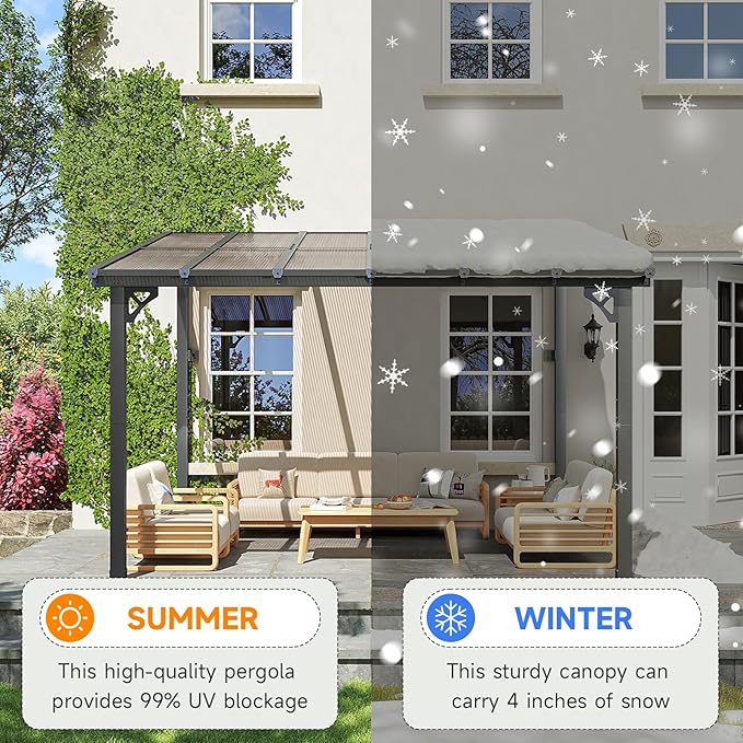10x12FT Lean to Gazebo, Hardtop Metal Pergola with Polycarbonate Roof, Large Wall Mounted Heavy Duty Awnings, Patio Canopy for Backyard, Deck, Porch