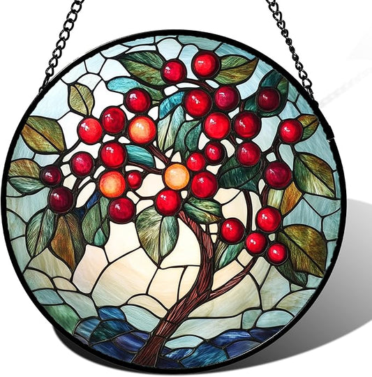 CRIS GIF Stained Glass Window Hanging - Red Fruit Tree Landscape Suncatcher for Doors Garden Patio Sun Catchers Decor Christmas Mother's Day Birthday Gifts for Women Men Mom Nana Friend 7.8 in