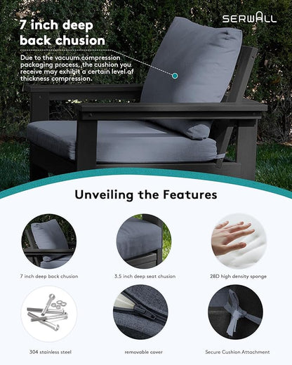 SERWALL Outdoor Patio Sofa Set, 2-Piece HDPE Single Seat Outdoor Sofa Chair with Padded Cushions, Black Frame with Grey Cushion