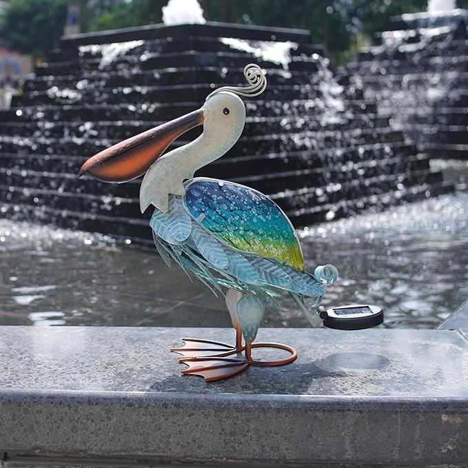 HONGLAND Solar Metal Pelican Statues Garden Sculpture & Statues, 17 Inch Glass Outdoor Pelican Yard Art Coastal Ocean Bird Decor Lawn Ornament for Backyard Porch Patio Decor（Blue-Green）