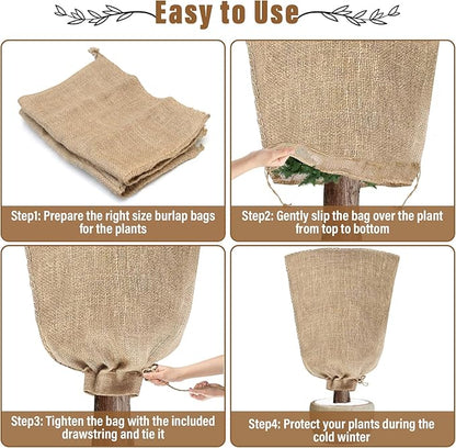 Riare 2 Packs 40 × 47 Inch Burlap Winter Plant Cover Bags with Drawstring- Reusable Large Burlap Sack Plant Frost Protector, Plant Frost Cloth Cold Tree Freeze Blanket for Outdoor Plants Shrubs Fruit