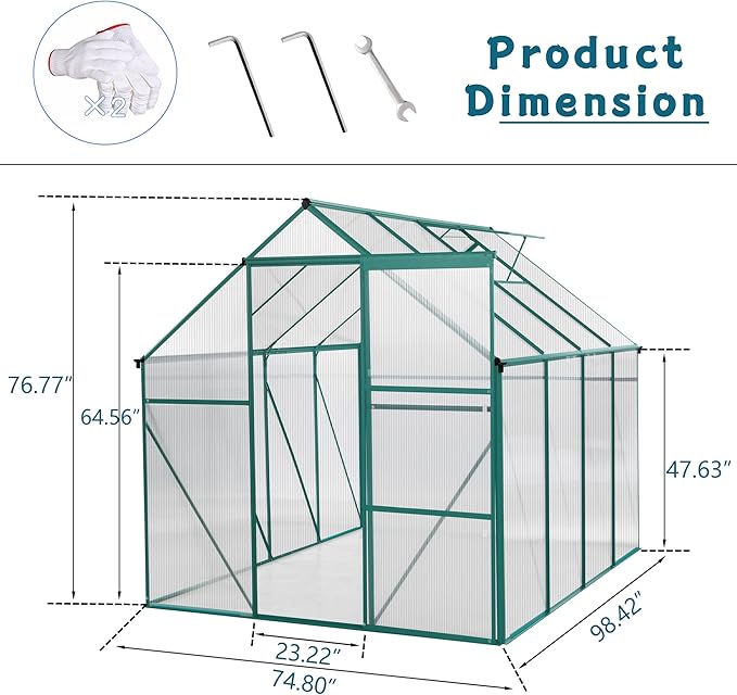 6x8 FT Polycarbonate Greenhouse with Sliding Door and Adjustable Roof, Heavy Duty Aluminum Walk-in Greenhouses w/ Raised Base for Outdoor Garden Backyard,Green