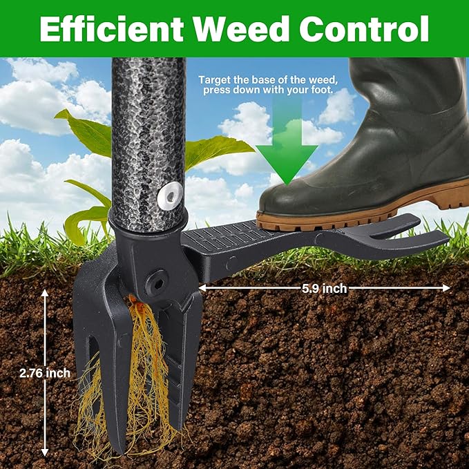Weed Puller Tool, 61" Stand Up Heavy Duty Gardening Hand Weeder Tools with 4 Claw Steel for Dandelion, Horseweed, Thistle, Remove Weeds Without Bending, Kneeling, Pulling